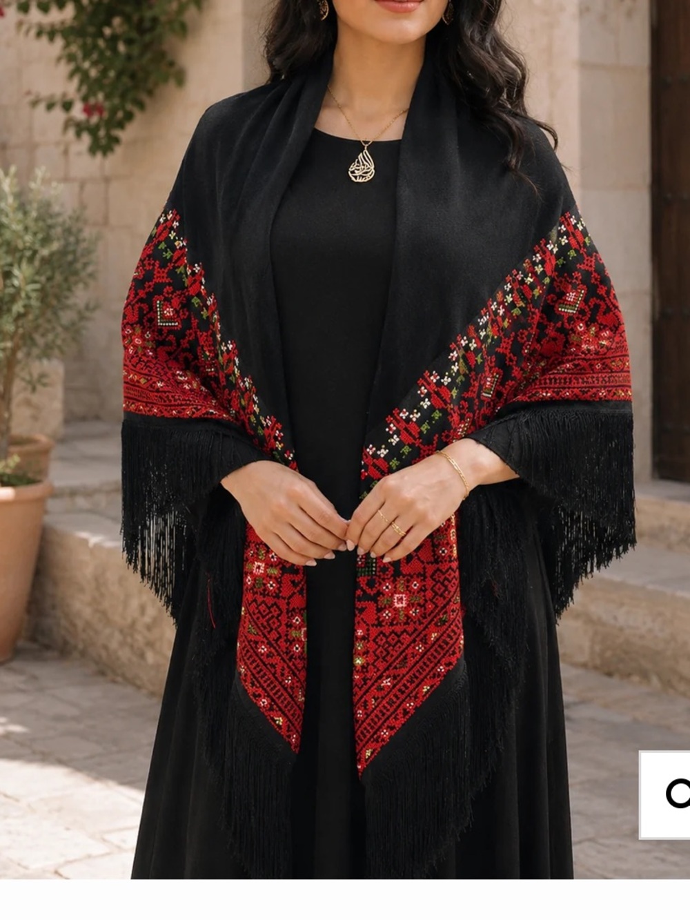 Embroidered Palestinian Black Shawl with Red Floral Border